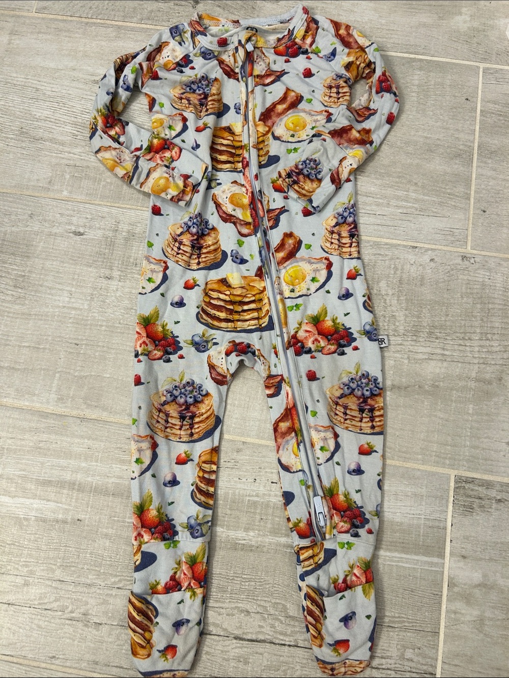 Kids Footed One-Piece Pajamas with Pancake & Fruit Print - Gray